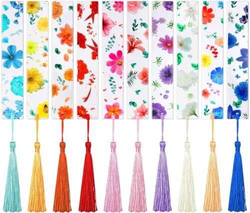 10 Sets Flower Acrylic Book Markers for Women Transparent Acrylic Bookmarks Cute Floral Bookmarks with Colorful Tassels for Women Teacher Kids Book Lovers, 10 Styles