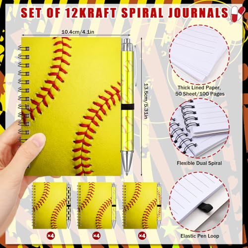Resurhang 12 Sets Yellow Softball Notebook Gifts 5.5 x 4.3'' Softball Spiral Notebook Ballpoint Pens for Coaching Supplies Coach Gifts Team Party Players Sports Lover - style: Yellow Football