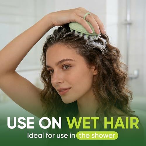 SVVIMER Scalp Massager Shampoo Brush - Soft Silicone Scalp Scrubber for Wet & Dry Hair - Shower Brush with Finger Loop - Nail-Friendly Head Scrubber for Women & Men - Green