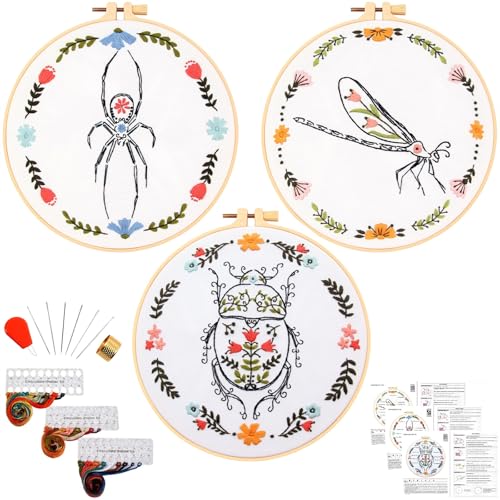 Armindou Hand Embroidery Kits for Beginners Adults, Insect Flowers Embroidery Set Needlepoint Kits, Spider Stamped Cross Stitch Kits for Beginners Adults, 3 Embroidery Hoops (Attached Video Tutorial) - color: Colorful