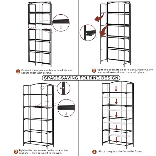 Crofy 5-Tier Wider Foldable Bookshelf, Black Frame & Transparent Shelves - color: Black Frame & Transparent Shelf, size: 5 Tier Wider