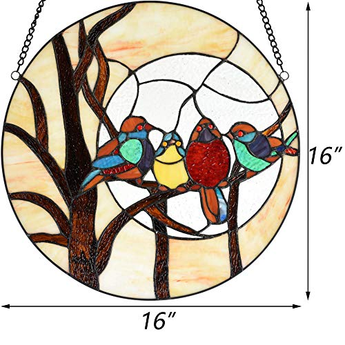 Bieye W10045 Birds & Full Moon Tiffany Style Stained Glass Panel, 16-Inch