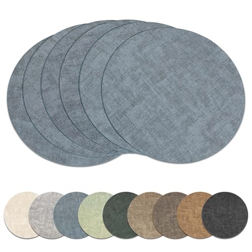 13" Round Placemats Set of 6, Reversible Faux Leather Wipeable Table Mats - color: Light Blue