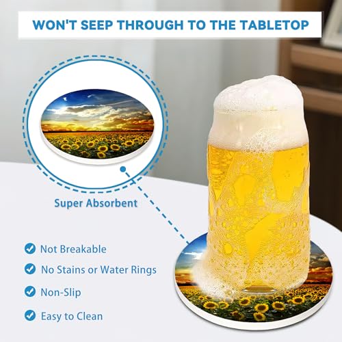 Drinks Coasters Set of 4, Sunflower Round 4" Cup Coasters, Absorbent Ceramic Stone Coasters with Cork Base, Cute Coasters for Table Home Décor, Ideal Gifts for Women Men - color: Sunflower