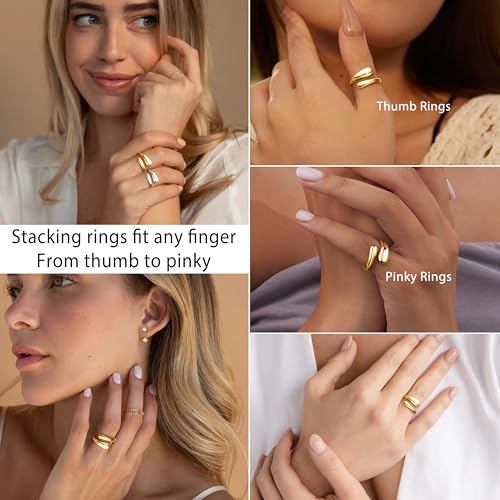 Non Tarnish Gold Chunky Rings for Women, 14K Gold Plated Statement Dome Rings Stacking Silver, Adjustable Mens Eternity Wedding Band Mixed Metal Jewelry Size 3-15 Half Size - color: Gold
