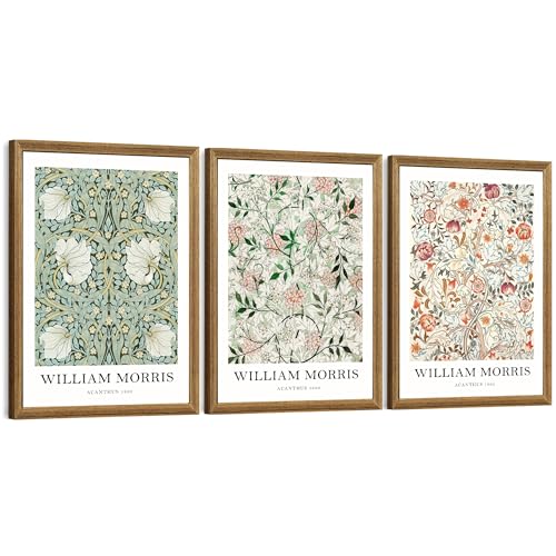 FWAHREN William Morris Framed Canvas Wall Art Set, 3 Piece Vintage Botanical Floral Pattern Pictures Prints Artwork, Large Paintings Wall Decor for Living Room Bedroom Bathroom Office, 12x16in - color: William Morris, size: 16"L x 12"W