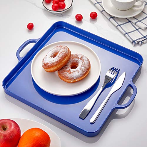 Square Serving Trays with Handles Melamine Dark Blue 12.5x12.5 Inch Spill Proof Kitchen Eating Trays Set of 2 for Cafeteria Cafe Food Appeizer Dessert Snack Dinner Lunch Breakfast,TR15-02 - color: Dark Blue