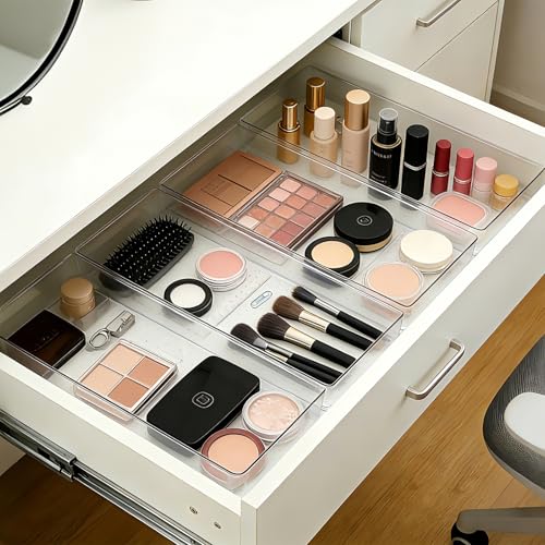 Manalete 14 Pcs Plastic Drawer Organizer with 2 pcs 15"x6" Vanity Organizer - size: 2 Pack 15×6", 3 Pack 9×6", 9 Pack 3×6"