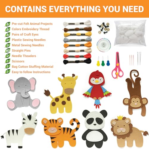 Craftorama Sewing Kit for Kids, Fun and Educational Wild Animal Craft Set for Boys and Girls Age 7-12, Sew Your Own Felt Animals Craft Kit for Beginners, 165 Piece Set - color: Wild Animals