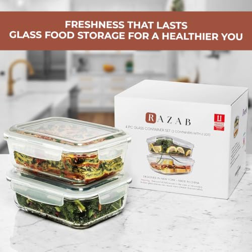Razab 6.5 Cups / 52 Oz 4 Piece (2 Containers + 2 Lids) Glass Food Storage Containers Set with Airtight Locking Lids - For Storing, Baking & Serving BPA Free, Leakproof - Microwave, Freezer & Oven Safe - color: White