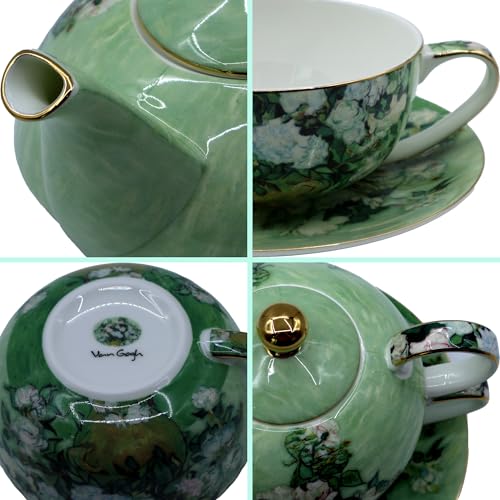 Porcelain 13 OZ Tea for One Teapot and Cup Set Vintage Floral Ceramic Tea Set European Style Tea pot and Saucer Set (White Roses) - color: White Roses