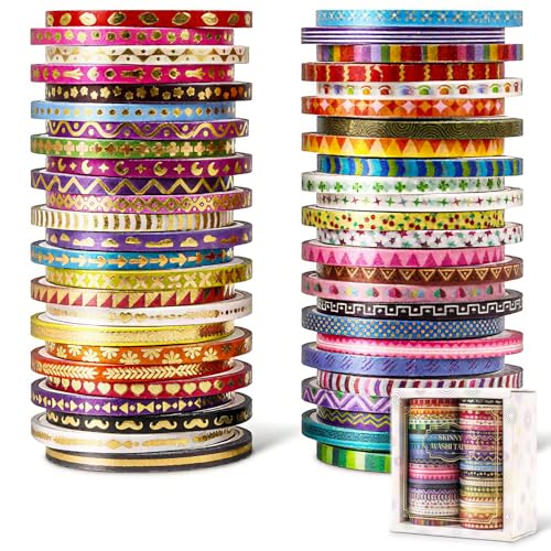 emmoolife 50 Rolls Skinny Washi Tape Set 3mm Wide, Gold Foil Print Masking Thin Basic Patterns Decorative Tapes for Scrapbooking, Junk Journal Supplies, Bullet Journaling, Craft Tape for Women Girl - style: Colorful Skinny