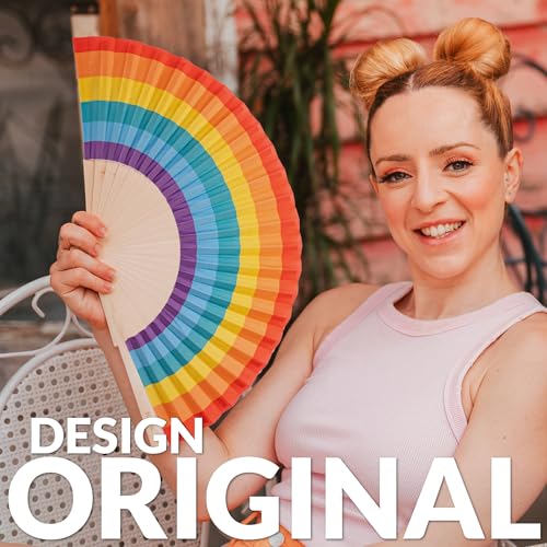 Fisura – Original Rainbow Folding Fan, Wooden Handheld Fan for Women, Colorful Pride Accessory for Party, Wedding, Birthday, Gift or Pride Day Decoration - color: Rainbow, Multicolor