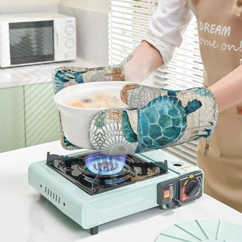 Vintage Nautical Sea Turtle Oven Mitts and Pot Holders Sets, 4pcs Silicone Non-Slip Kitchen Mitts Potholders Heat Resistant BBQ Gloves Hot Pads for Cooking Grilling Baking Microwave Chef Gifts Decor - color: 5