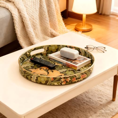 13 Inch Round Serving Tray with Handles,Modern Ottoman Coffee Table Tray - color: Round Tray-morris Dark Green