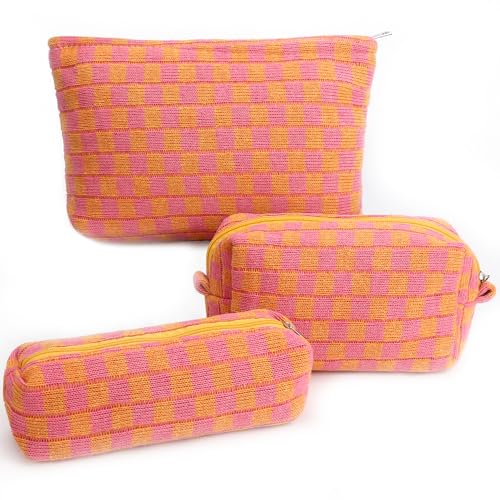 3 Pcs Makeup Bag Checkered Cosmetic Bag Large Capacity Traveling Toiletry Pounch Organizer Cute Makeup Brushes Aesthetic Accessories Storage Bag for Girls Women(Orange-Purple) - color: Orange-Purple