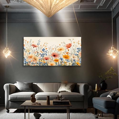 KZKU Wall Art Floral Canvas Print Wildflower Garden Pink Yellow Blue Watercolor style Flower Picture for Bedroom Living Room Artwork Home Wall Decoration 20x40in - color: Multicolor/floral, size: 40"L x 20"W