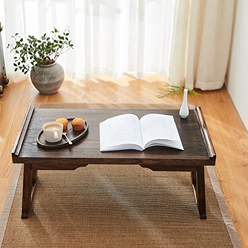 Foldable Wooden Laptop Desk, Breakfast in Bed Serving Tray, Japanese Floor Table for Tea & Coffee, Portable Antique Meditation Altar (23.6”x13.4”x10.6”) - size: 23.6”x13.4”x10.6”