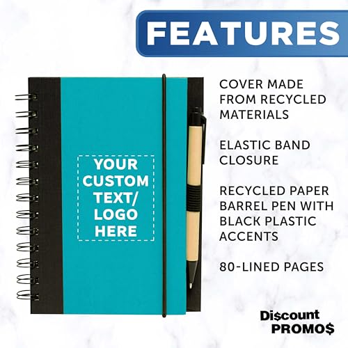 DISCOUNT PROMOS Custom Eco Block Notebooks with Pens Set of 10/50/100, Personalized Bulk Pack - Perfect for School, Office, Business, Home - Aqua - color: - Custom – Aqua, size: 10/50/100 notebooks