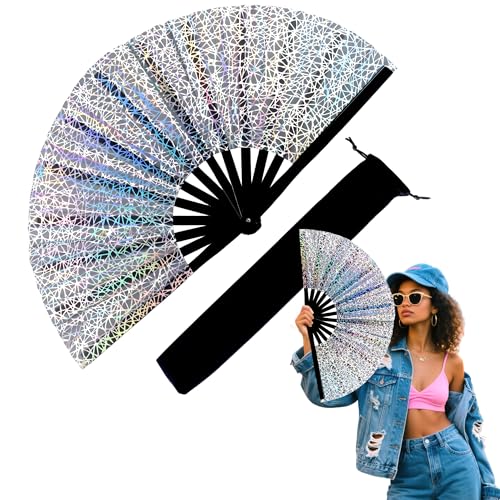 13 Inch Large Rave Fan & Clack Fan for Line Dancing - Folding Hand Fan with UV Glow for Boots on The Ground, Performance, Wedding, Party - Portable Handheld Fan for Women & Men - color: Reflective Silver Lines*1