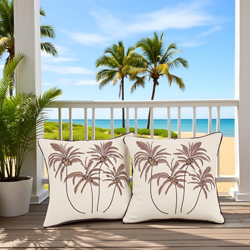 Embroidered Throw Pillow Covers 18x18 Pack of 2 Brown Coconut Trees - color: Brown Coconut Palm Trees