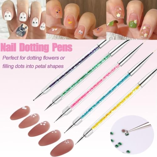 AIBEE Nail Art Brushes, 5pcs Double-Ended Acrylic Nail Brush Including 7/9/11mm Nail Liner Brush Flat Brushes and Nail Dotting Tools for Nail Art Design
