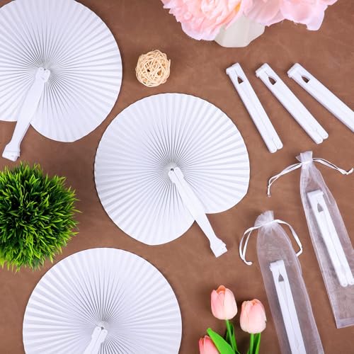 MCEAST 100 Pack Wedding Paper Fans Handheld Folding Fan White Round Shaped Folding Paper Fans Handheld Fan with Plastic Handle and Bags for Wedding Birthday Party Favors Supplies Home Decor