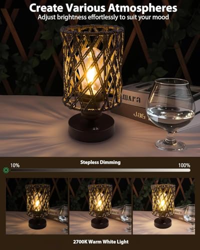 Cordless Outdoor Table Lamps, Small Rattan Boho, Rechargeable Battery Operated for Outdoor Patio, Home, Living Room, Bedroom, Bedside - Set of 2 (Black-A) - color: Black-A