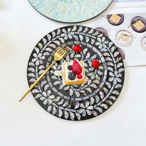 i-lan 2Pack 13" Mother of Pearl Decorative Display Plates,Sea Shell Inlay Wood Charger Dining Charger Plates for Party,Diner Table Modern Style Decoration Placemats,Silver Gray Flower - style: Style 1
