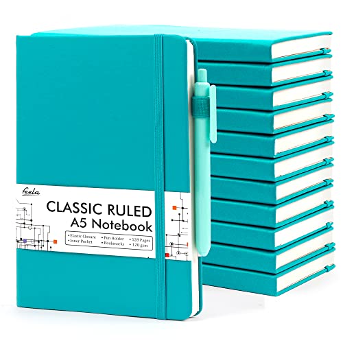 feela 12 Pack Notebooks Journals Bulk with 12 Black Pens, A5 Hardcover Notebook Classic Ruled Journal Set with Pen Holder for School Business Work Travel Writing, 120 GSM, 5.1”x8.3”, Emerald - color: 12 Pack emerald