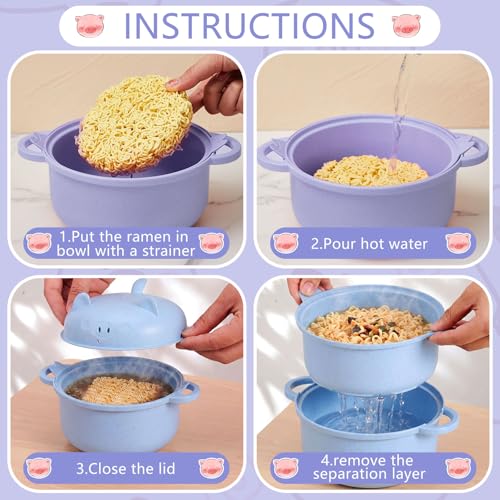 2 Sets 45oz Cute Pig Ramen Bowl Set Microwavable Purple, Nordic Blue - color: Purple,Nordic Blue