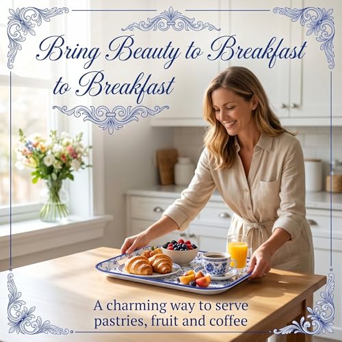 Vesici 4 Pack Blue White Melamine Serving Trays, 13 x 10 Inch Platters - style: Blue and White Porcelain