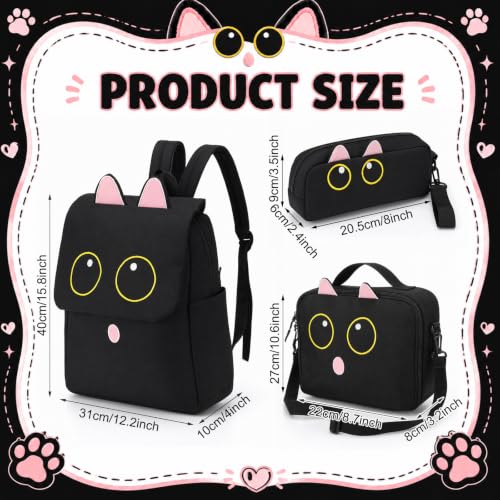 Tallew 3 Pcs Black Cat Backpacks Set for Kids with Lunch Bag, Pencil Case