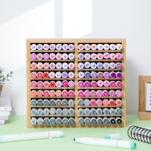 Ohuhu Bamboo Marker Organizer, Wooden Desktop Storage Holds 126 Markers - style: Right Angle Hold 126 Markers