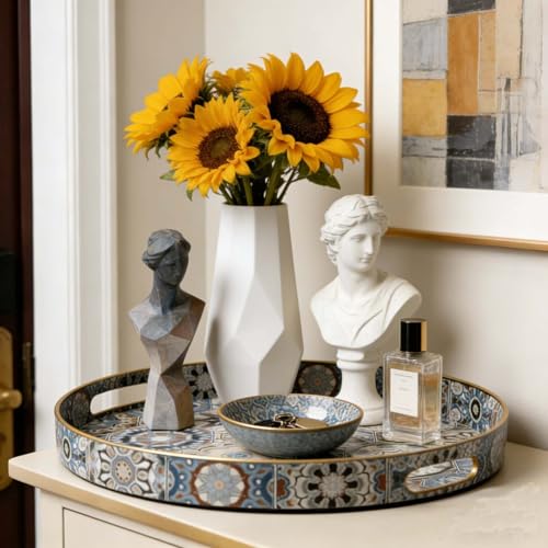 Round Serving Tray with Handles,Boho Modern Ottoman Coffee Table Tray - color: Round Tray - Boho Blue