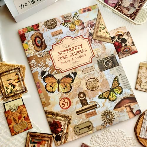 Vintage Junk Journal Kit with DIY Ephemera Storage and Accordion Pockets,11 Sheets Cardstock Pieces for Art Journaling, Scrapbooking and Mixed Media Crafts - color: Vintage