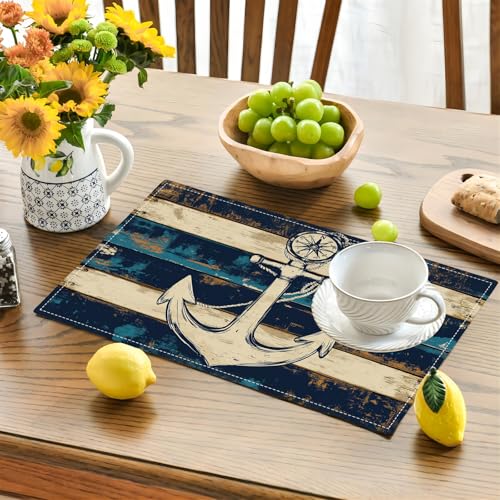 Nautical Placemats Set of 6, Coastal Anchor Place Mats, Rustic Beach Navy Blue Waterproof Washable Table Mats for Home Party Indoor Kitchen Dining Table Decoration 12x18 Inch - color: Anchor, size: Set of 6