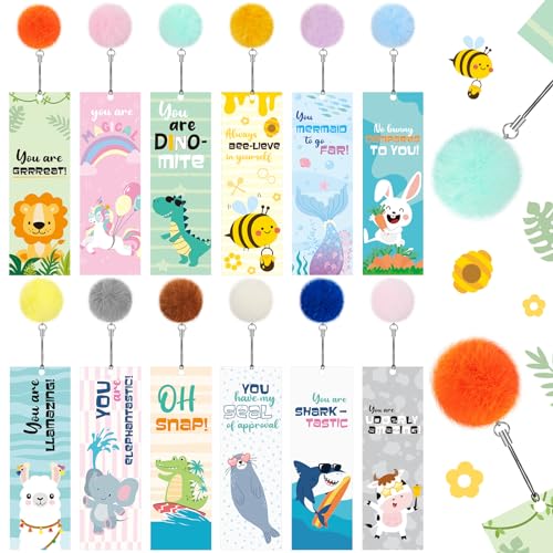 Outus 12 Pcs Funny Animal Bookmarks Cute Cartoon Animals Bookmarks Bulk with Pom Pom Inspiration Gifts Reading Accessories Mermaid Unicorn Rabbit Shark Dino Gift for Prize Rewards End of Year Presents - style: Funny Animal