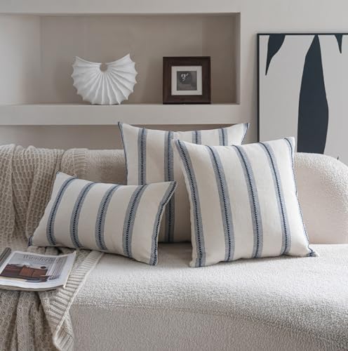 Cethom Boho Throw Pillow Covers 20x20 Set of 2, Navy Blue Striped Decorative Pillow Cases for Couch Chair Bed, Textured Farmhouse Modern Accent Cushion Covers for Living Room Bedroom Sofa Home Decor - color: Navy Blue, size: 20" x 20" (Pack of 2)
