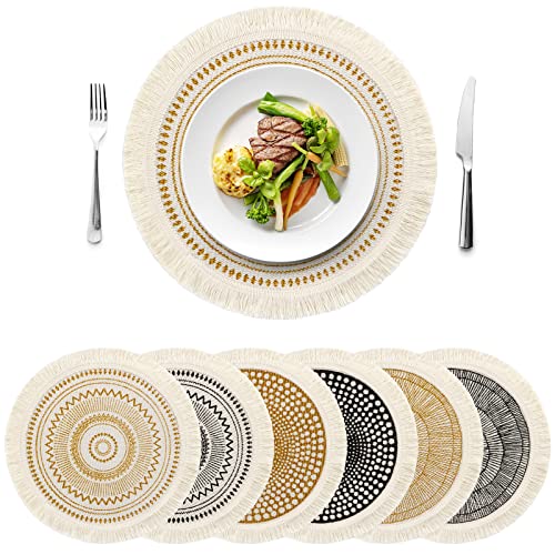 Set of 6 Round Placemats 13 Inch Cotton Woven Mandala Tassels Table Mats - color: Spiral-6pcs