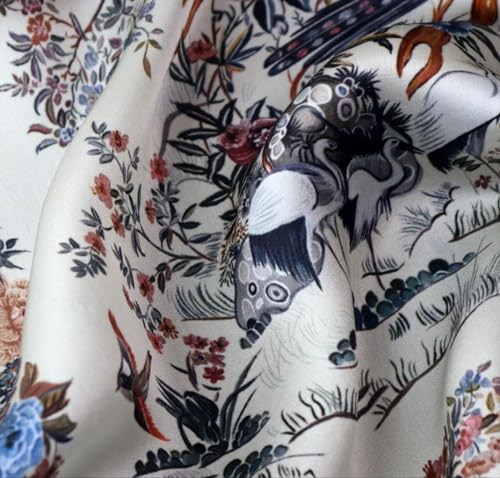 JERLA 100% Mulberry Silk Neck Scarf 21"x21" Small Square Scarfs for Women Gift Packed - color: Beige Flowers and Birds