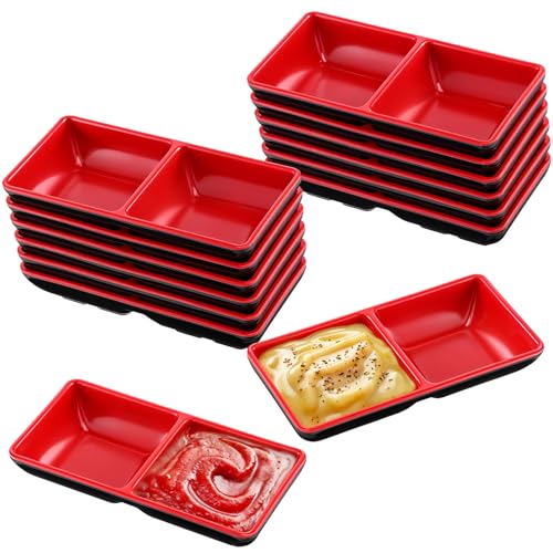 14 Pcs Dual Compartment Sauce Bowls & Soy Dish Set with Dipping Dish Tray, Divided Dipping Sauce-Plates for Sushi, Appetizers (Black/Red, Melamine Resin)