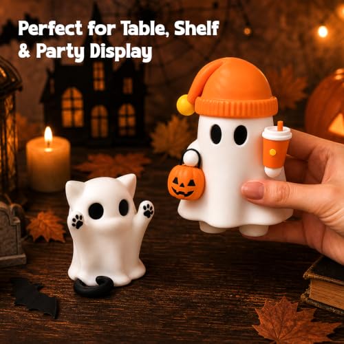 Cute Cat Halloween Ghost Figurine with Pumpkin Bucket and Orange Drink - color: Orange Pumpkin Kitten Ghost