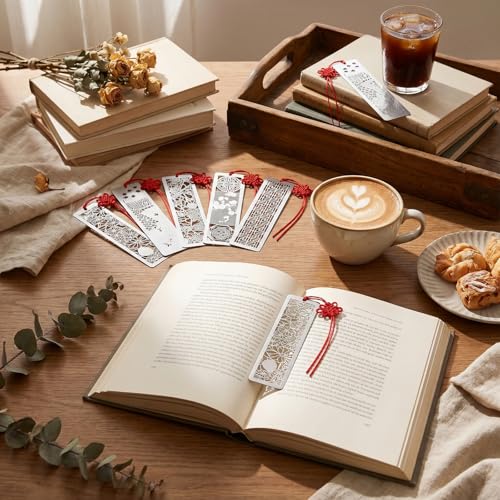 Outus 8 Pcs Metal Bookmarks, Hollow Chinese Style Silver with Red Tassel