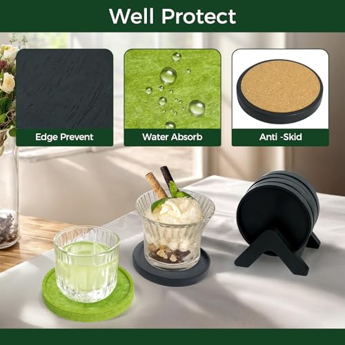 Acacia Wood Coaster Set of 8 with Holder - Dual-Material Design (4 Wood & 4 Absorbent Felt Pads) - 3" Non-Slip Furniture Protectors for Coffee Table, Home Bar & Office, Round Coaster Set