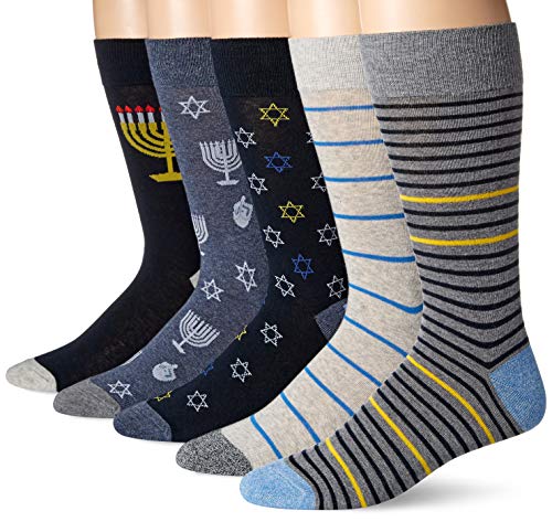 Amazon Essentials Men's Patterned Cotton Dress Crew Socks, 5 Pairs - color: Hannukah, size: 8-12