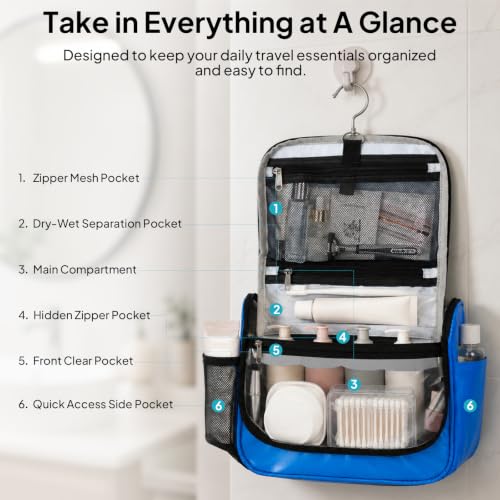 Travel Toiletry Bag for Women & Men, Waterproof Hanging Makeup Organizer - color: Blue