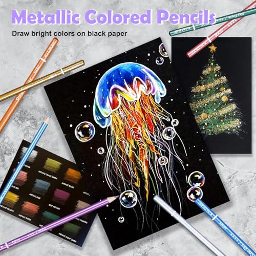 KALOUR PDAS 55 Piece Metallic Colored Pencils for Adults, Premium Artist Colored Pencils, Soft Core Coloring Pencils for Adult Coloring Books, Metallic Pencils Set for Drawing, Sketching, Blending