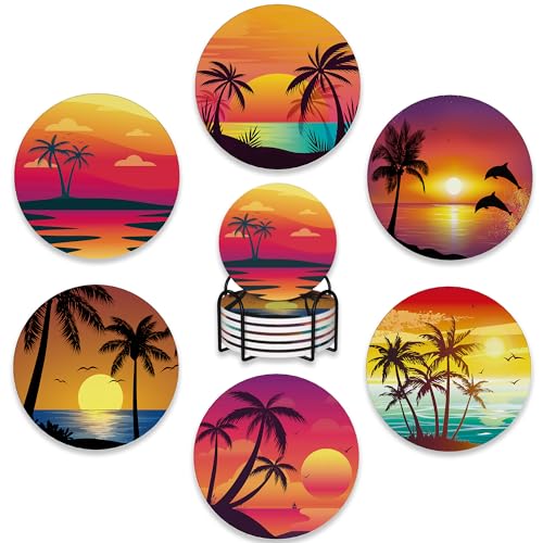 Drink Coasters Set of 6 with Holder,Beach Palm Trees Sunset Landscape Absorbent Ceramic Coasters with Cork Base,Fit All Cups,Tabletop Protection Mat for Mugs and Cups,Office,Kitchen - color: Beach Palm Trees Sunset Landscape