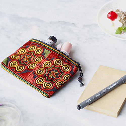 Sabai Jai Boho Coin Purse: Handmade Small Embroidered Change Pouch for Women - Colorful, Ethnic, Eco Friendly & Sustainable - color: Red/Orange